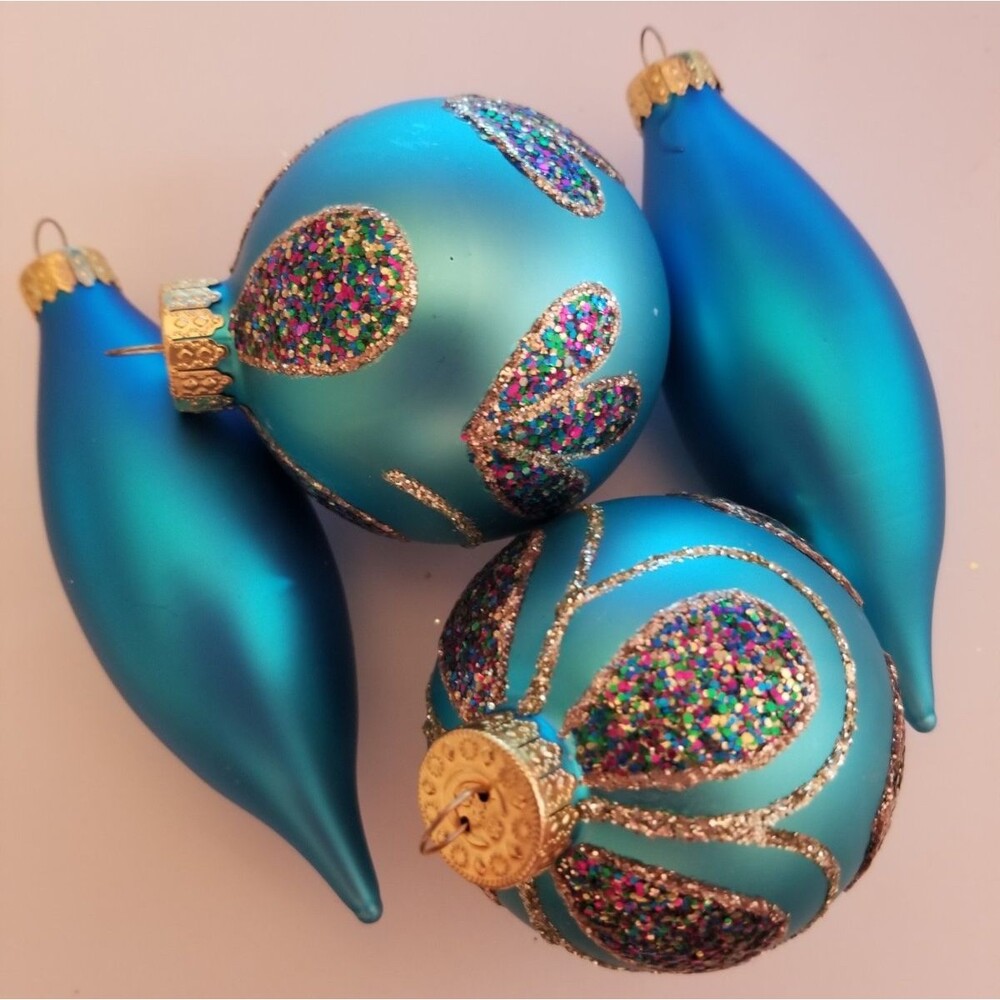 G & B Vintage Glass Ornaments 2 Embellished Sparkle & 2 Teardrop Blue Crown Top